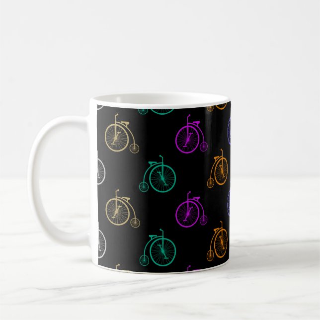 Colourful Retro Bicycle - Pattern on Black  Coffee Mug (Left)