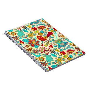 Colourful Retro Birds Flowers & Bunny Rabbits Spiral Notebook