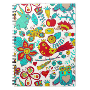 Colourful Retro Birds Flowers & Bunny Rabbits Spiral Notebook