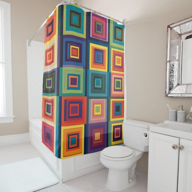 Colourful Retro Block Design Shower Curtain (In Situ)