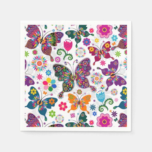 Colourful Retro Butterflies And Flowers Pattern 2 Napkin (Front)