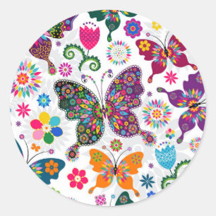 Colourful Retro Butterflies And Flowers Pattern Classic Round Sticker