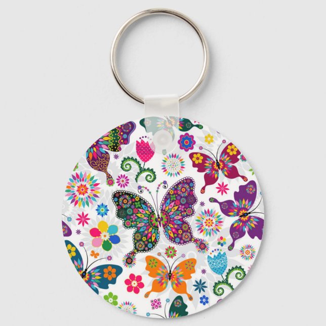 Colourful Retro Butterflies And Flowers Pattern Key Ring (Front)