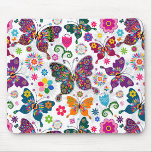 Colourful Retro Butterflies And Flowers Pattern Mouse Pad