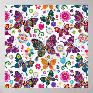 Colourful Retro Butterflies And Flowers Pattern Poster