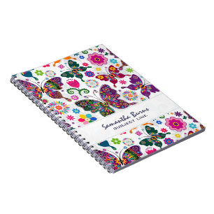 Colourful Retro Butterflies And Flowers Pattern Spiral Notebook