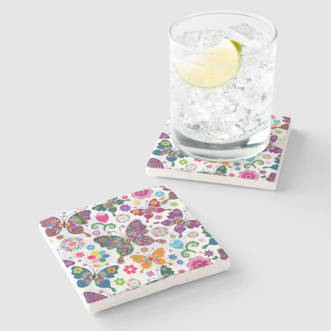 Colourful Retro Butterflies And Flowers Pattern Stone Coaster (Side)
