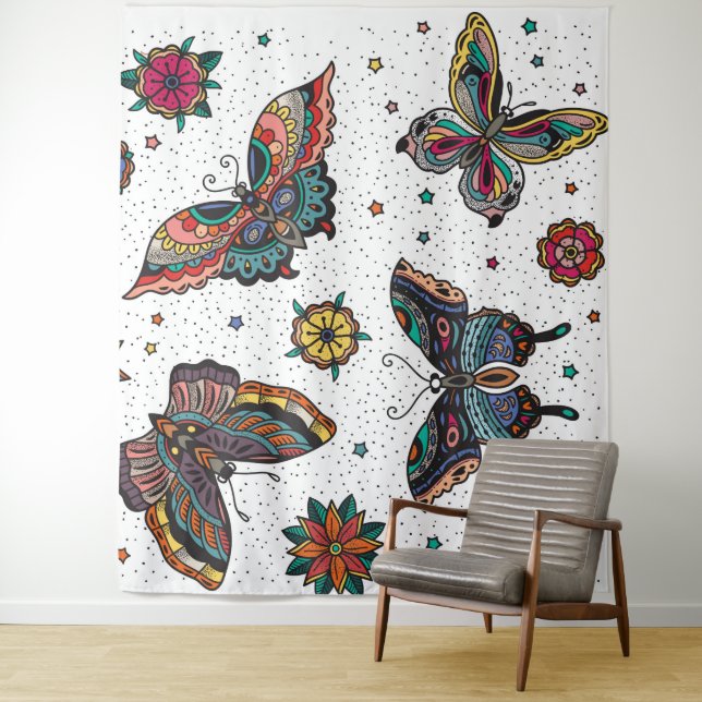 Colourful retro butterflies and flowers tapestry (In Situ)