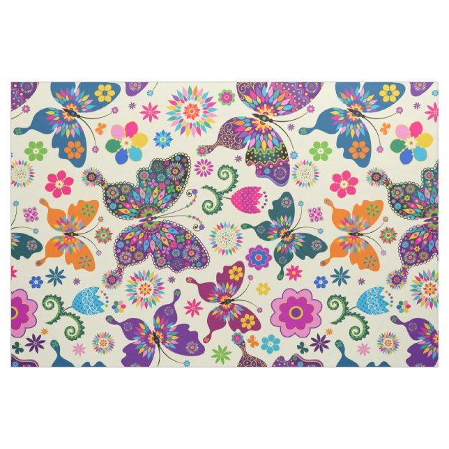 Colourful Retro Butterflies & Flowers Pattern Fabric (Yard)