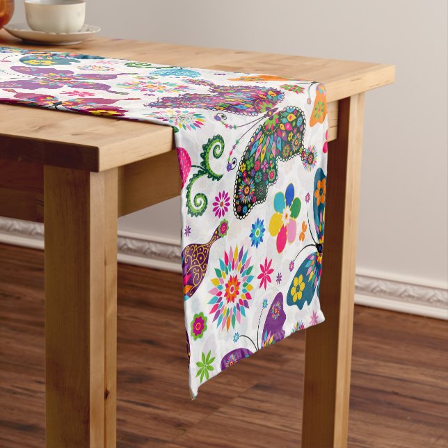 Colourful Retro Butterflies & Flowers Pattern Short Table Runner (In Situ)