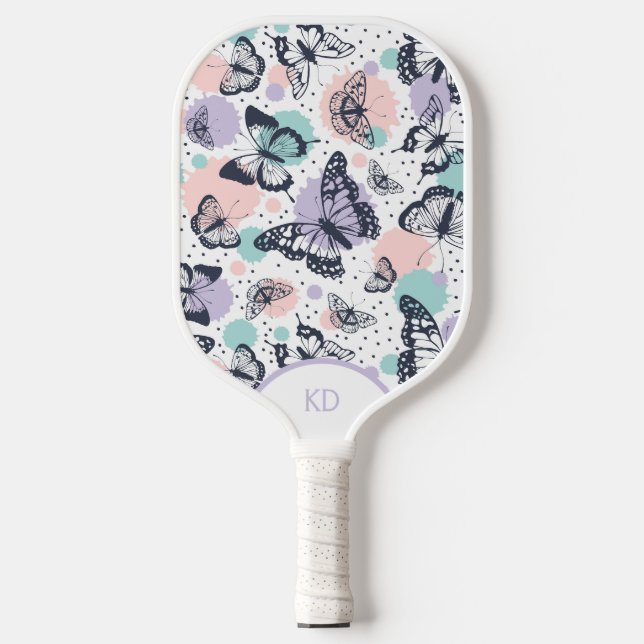 Colourful retro butterflies pattern monogram pickleball paddle (Front)