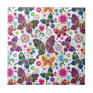 Colourful Retro Butterfly's And Flowers Pattern Tile