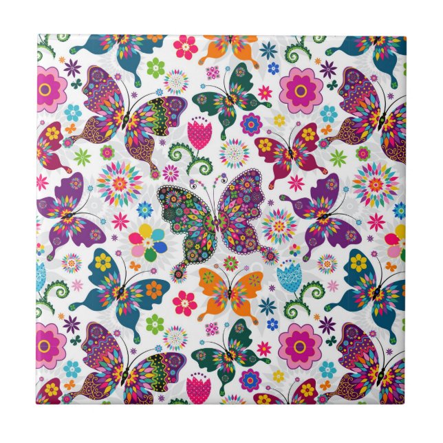 Colourful Retro Butterfly's And Flowers Pattern Tile (Front)