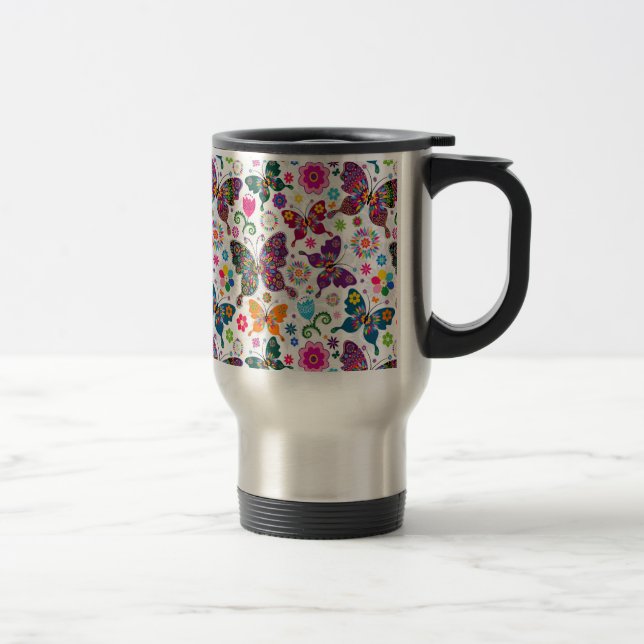 Colourful Retro Butterfly's And Flowers Pattern Travel Mug (Right)