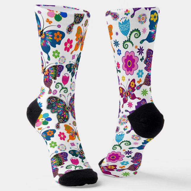 Colourful Retro BVutterflies Pattern Socks (Angled)