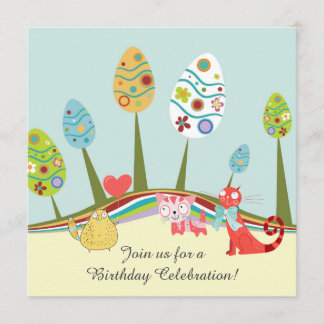 Colourful Retro Cats and Easter Egg Trees Birthday Invitation