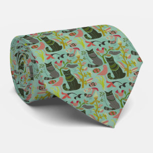 Colourful Retro Cats & Birds Pattern Tie