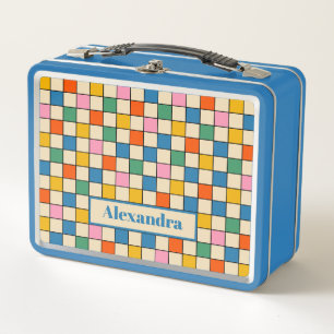 Colourful Retro Chequered Personalised Metal Lunch Box