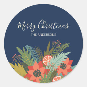 Colourful Retro Christmas Floral Classic Round Sticker