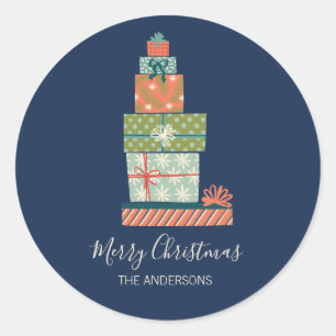 Colourful Retro Christmas Gift Box Classic Round Sticker