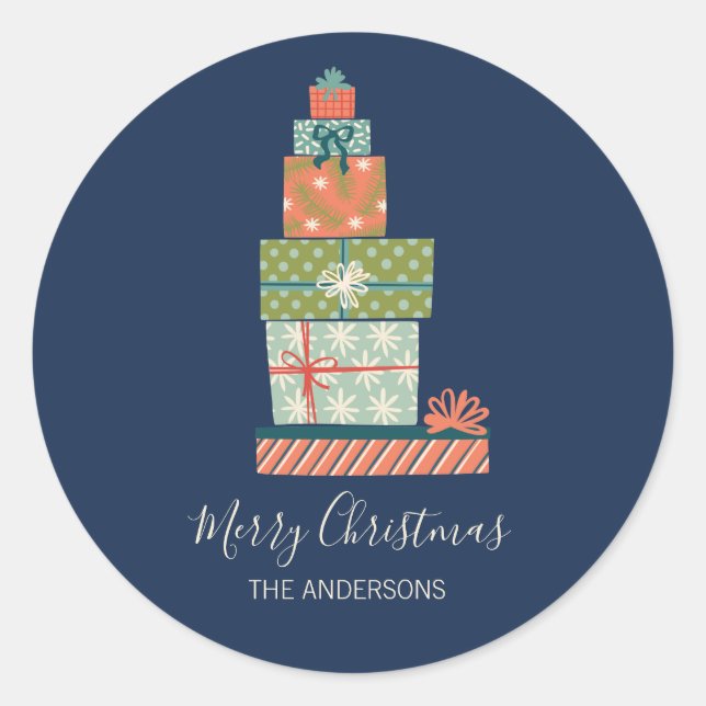 Colourful Retro Christmas Gift Box Classic Round Sticker (Front)