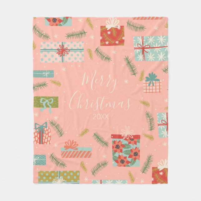 Colourful Retro Christmas Gift Box Holiday Fleece Blanket (Front)