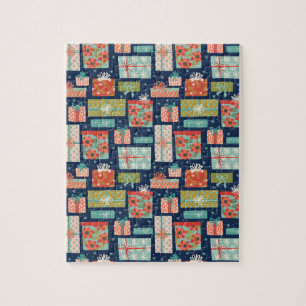 Colourful Retro Christmas Gift Box Holiday Jigsaw Puzzle