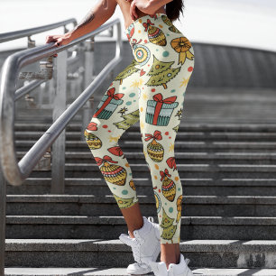 Colourful Retro Christmas Icons Holiday Pattern Capri Leggings