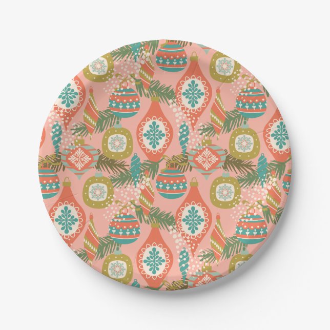 Colourful Retro Christmas Ornaments Holiday Paper Plate (Front)