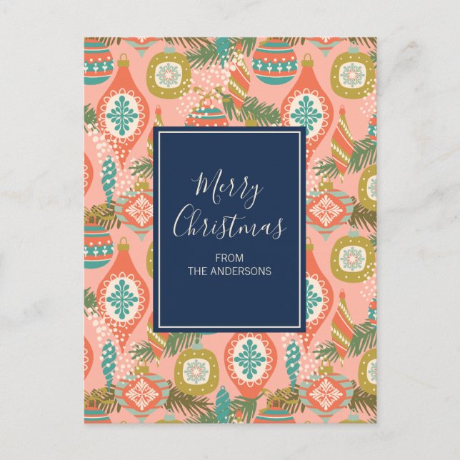 Colourful Retro Christmas Ornaments Holiday Postcard (Front)