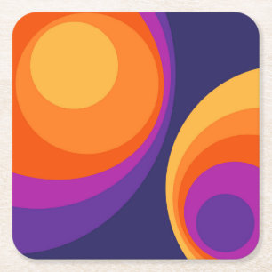 Colourful retro circles design square paper coaster