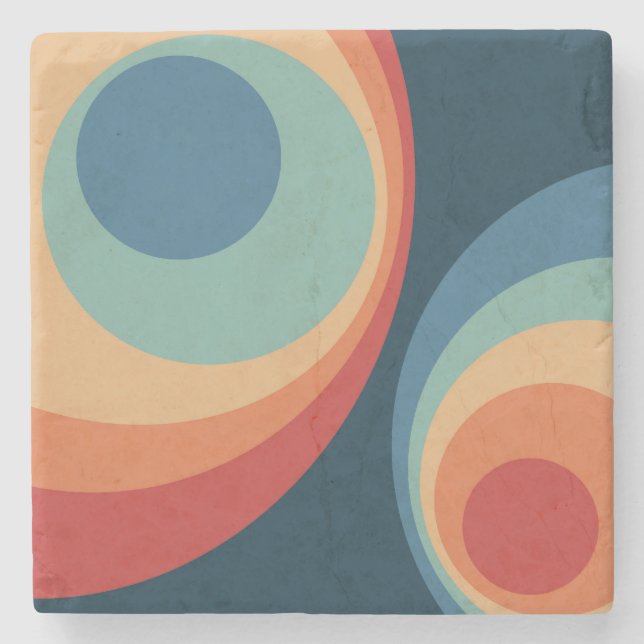 Colourful retro circles design stone coaster (Front)