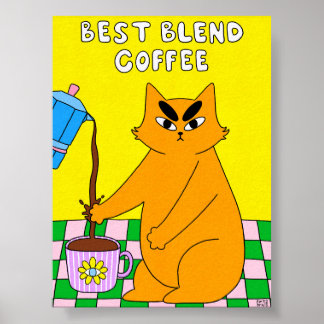 Colourful Retro Coffee Cat Illustration Poster