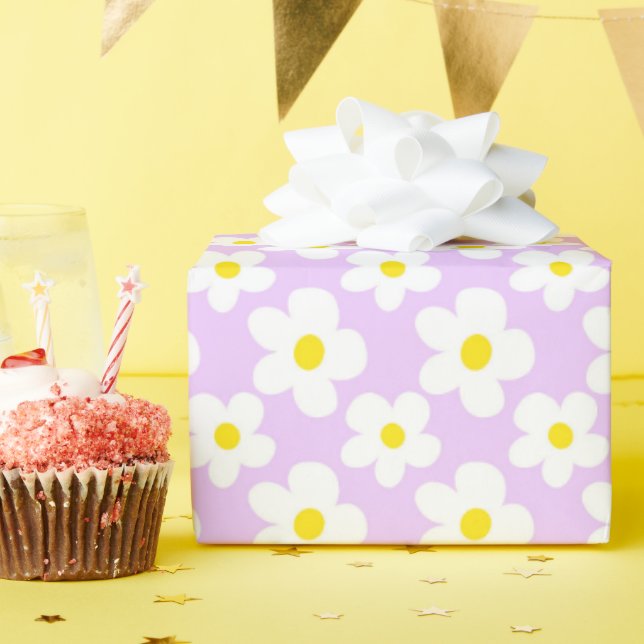 Colourful Retro Daisy Floral Lavender Wrapping Paper (Birthday Party)