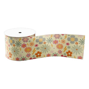 Colourful Retro Daisy Flowers design pattern Ribbo Grosgrain Ribbon