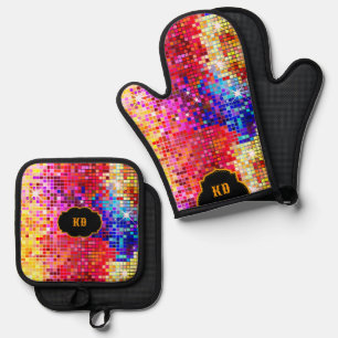 Colourful Retro Disco Mirror Squares Pattern Oven Mitt & Pot Holder Set