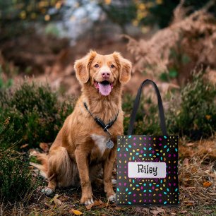 Colourful retro dots 80s inspired black tote bag