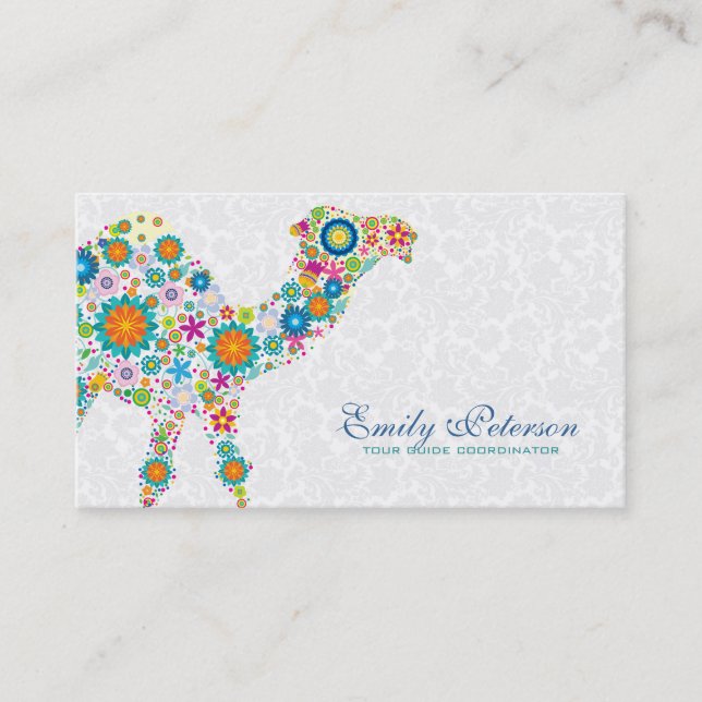 Colourful Retro Floral Camel & White Damasks Business Card (Front)