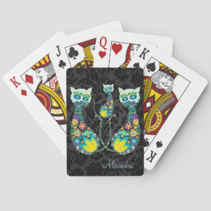 Colourful Retro Floral Cat-Custom Text Playing Cards