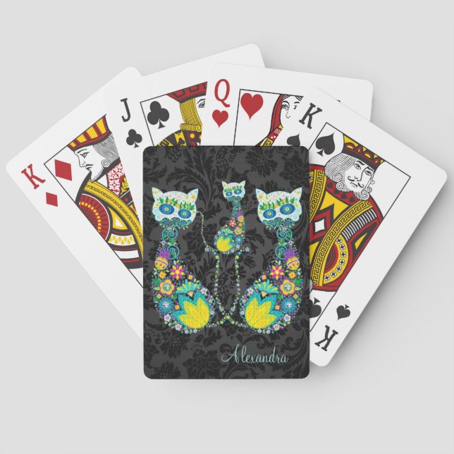 Colourful Retro Floral Cat-Custom Text Playing Cards (Back)