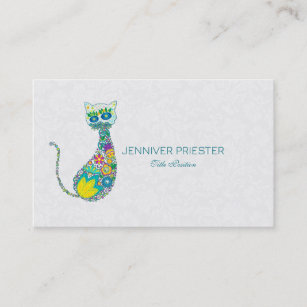 Colourful Retro Floral Cat & White Damasks Business Card