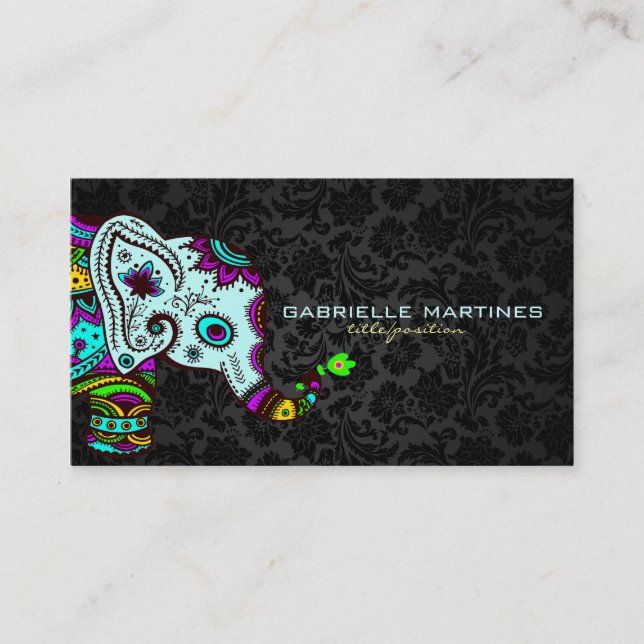 Colourful Retro Floral Elephant & Black Damasks 2 Business Card (Front)