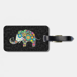 Colourful Retro Floral Elephant & Black Damasks 2 Luggage Tag