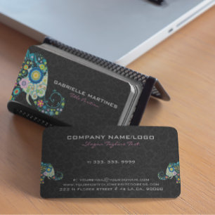Colourful Retro Floral Elephant & Black Damasks Business Card