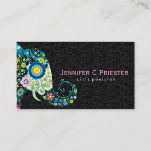 Colourful Retro Floral Elephant & Black Damasks Business Card
