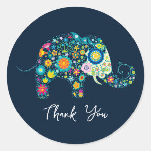Colourful Retro Floral Elephant & Black Damasks Classic Round Sticker