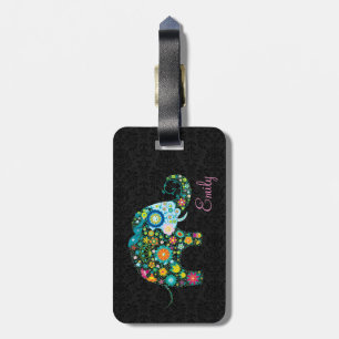 Colourful Retro Floral Elephant Black Damasks Luggage Tag
