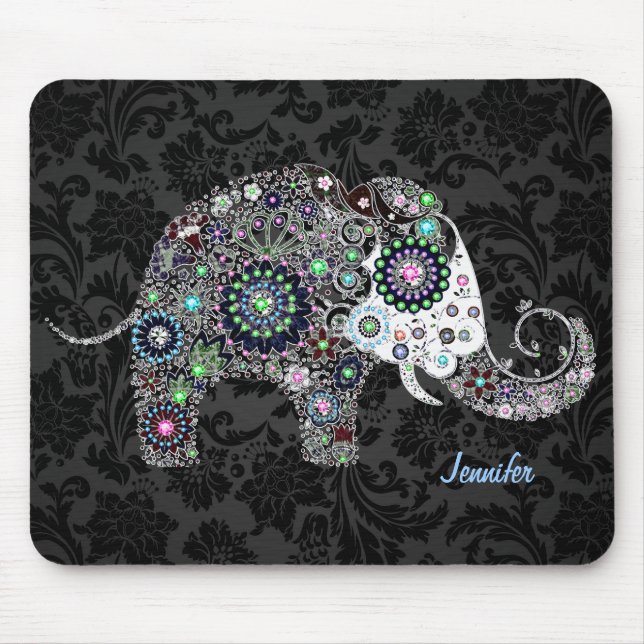 Colourful Retro Floral Elephant & Diamonds 2 Mouse Pad (Front)