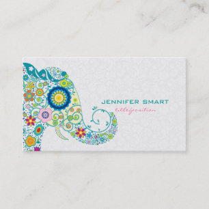 Colourful Retro Floral Elephant & White Damasks Business Card