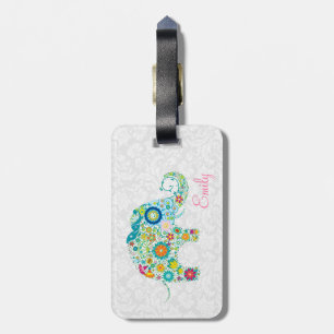 Colourful Retro Floral Elephant White Damasks Luggage Tag
